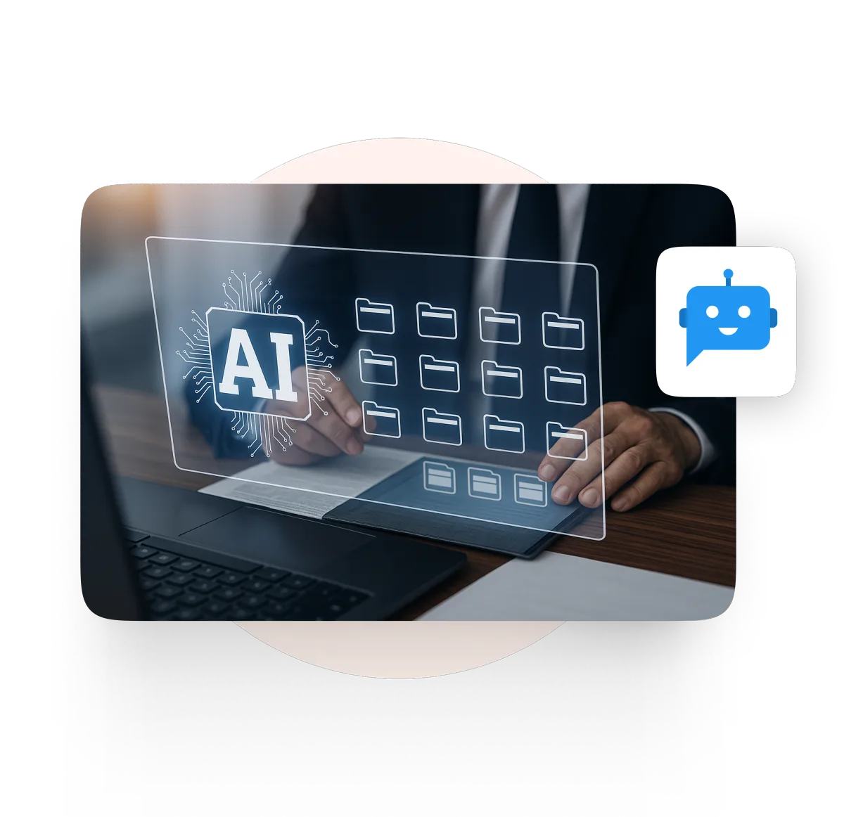AI interface overlaying organized document folders above a laptop