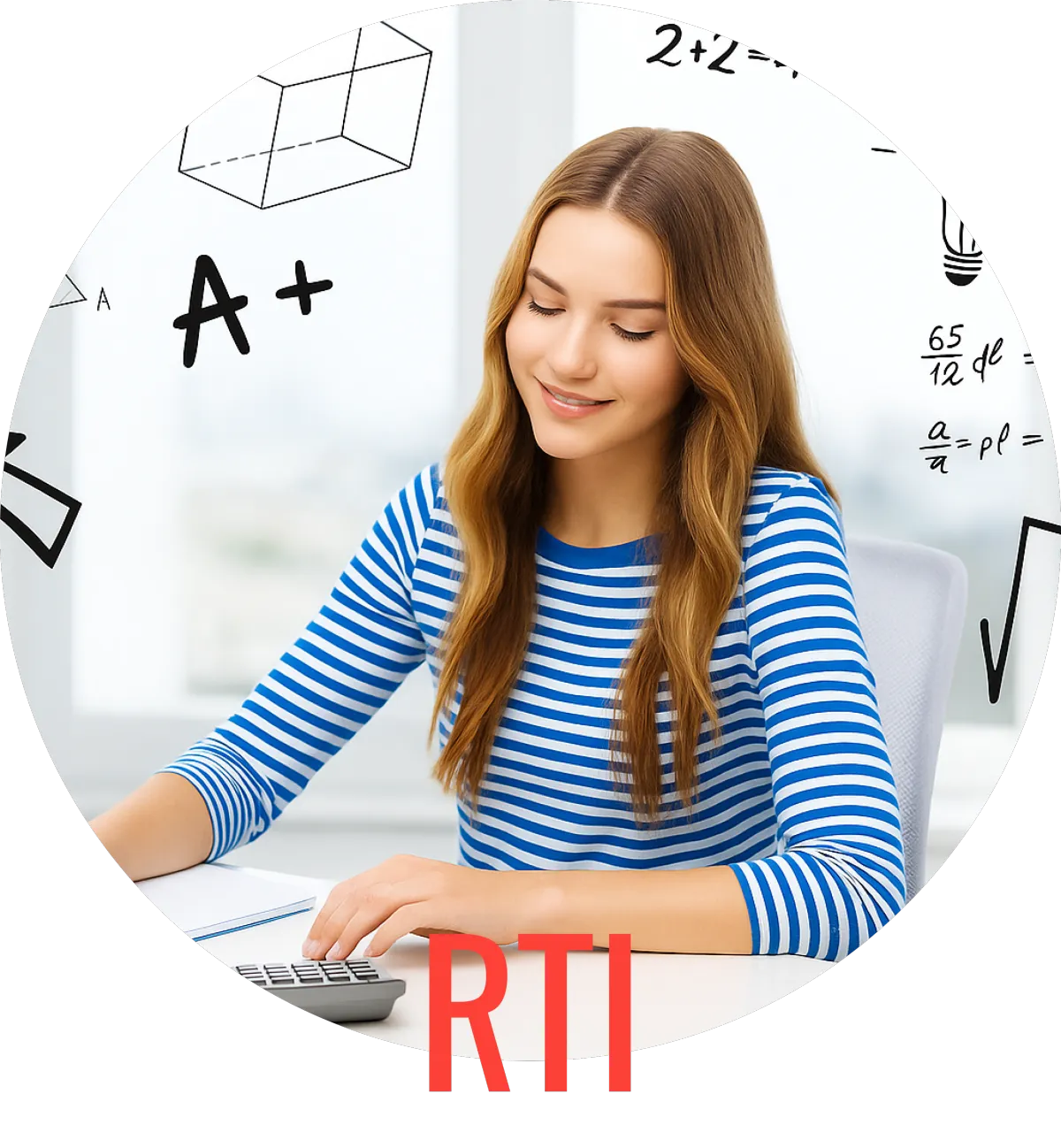 Student working on math with a calculator, labeled RTI