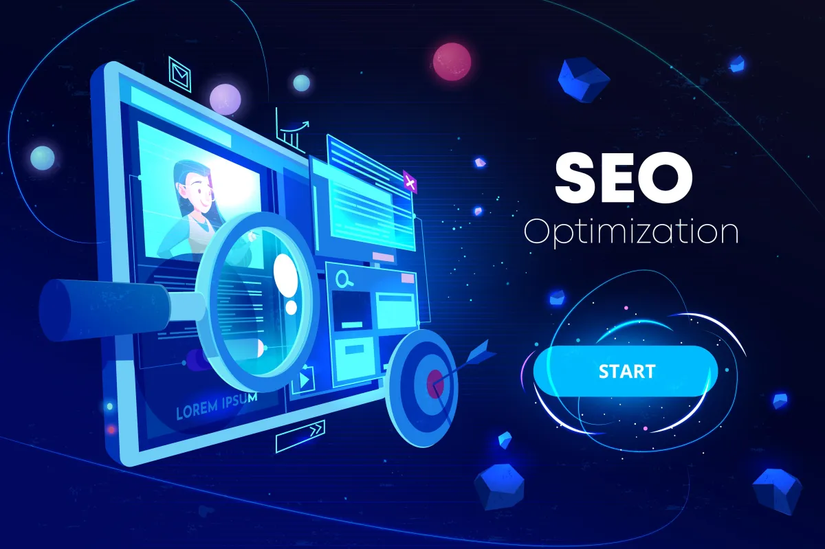 Illustration of a website being analyzed under a magnifying glass for SEO
